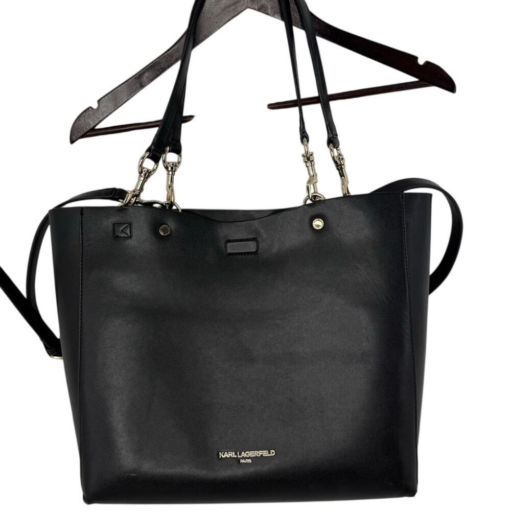 Karl Lagerfeld Paris Black Tote Bag Convertible Shoulder Strap Gold Tone H/W